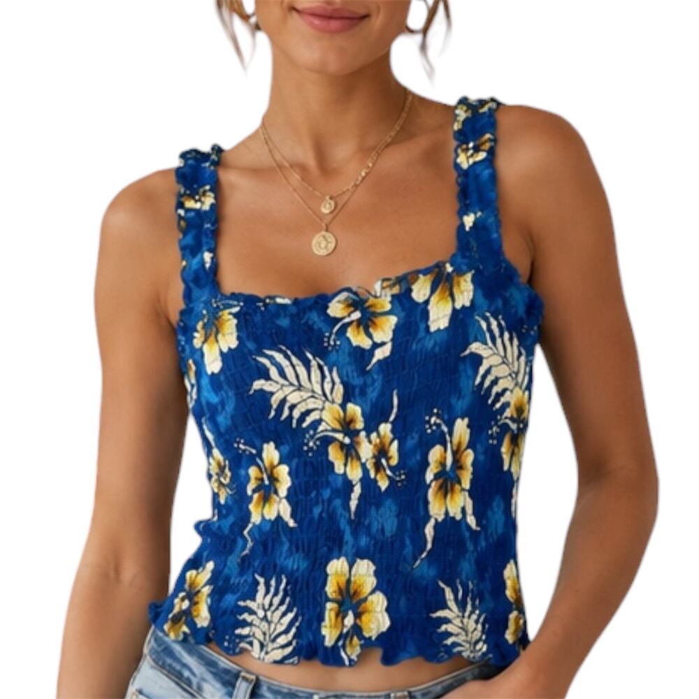 Bobbie Brooks Blue Hawaiian Floral Ruched Tropical Beach Tank Top Size‎ Medium